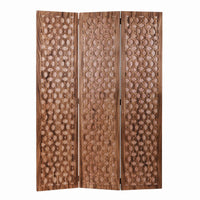 3 Panel Transitional Wooden Screen with Leaf Like Carvings, Brown - BM205896