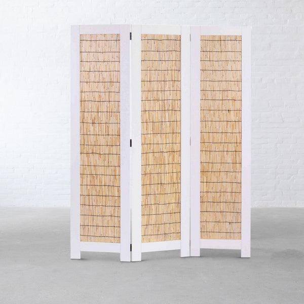 Transitional 3 Panel Wooden Screen with Wicker Paneling, White and Brown - BM205897