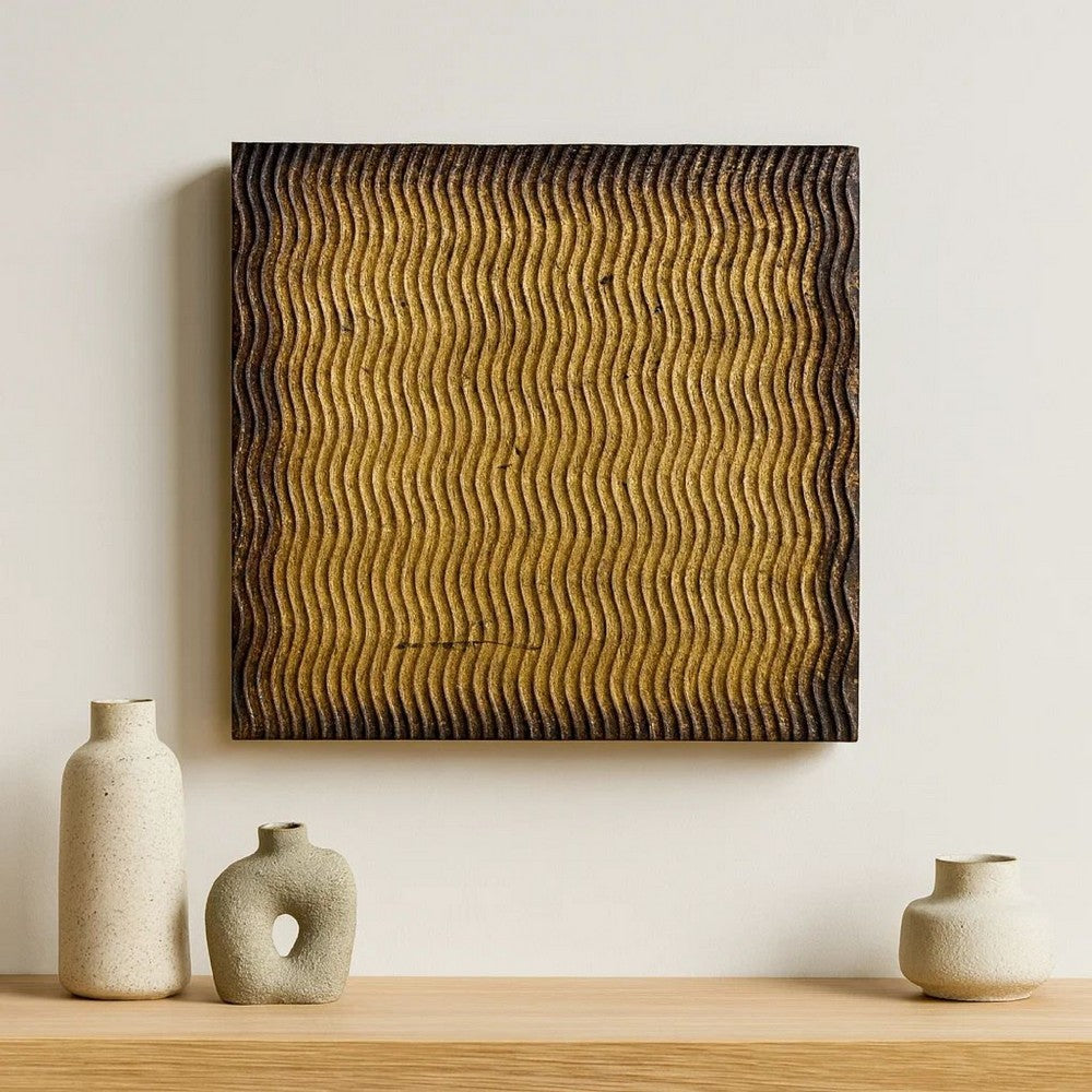 Modern Style Wood Wall Decor with Patterned Carving, Large, Gold & Brown - BM205910