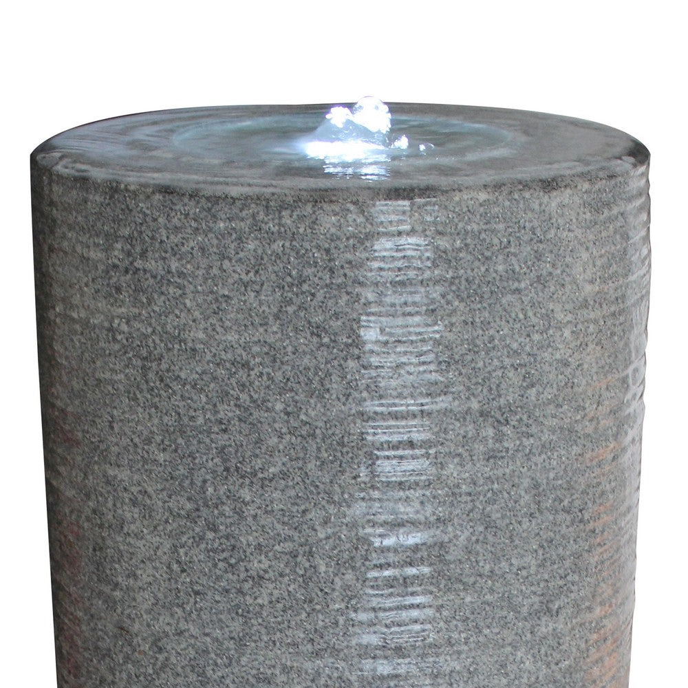 Ribbed Cylindrical Water Fountain with Round Pebble Base, Gray - BM205913
