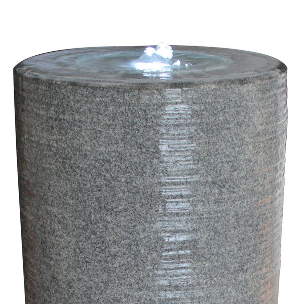 Ribbed Cylindrical Water Fountain with Round Pebble Base, Gray - BM205913
