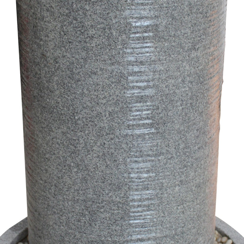 Ribbed Cylindrical Water Fountain with Round Pebble Base, Gray - BM205913