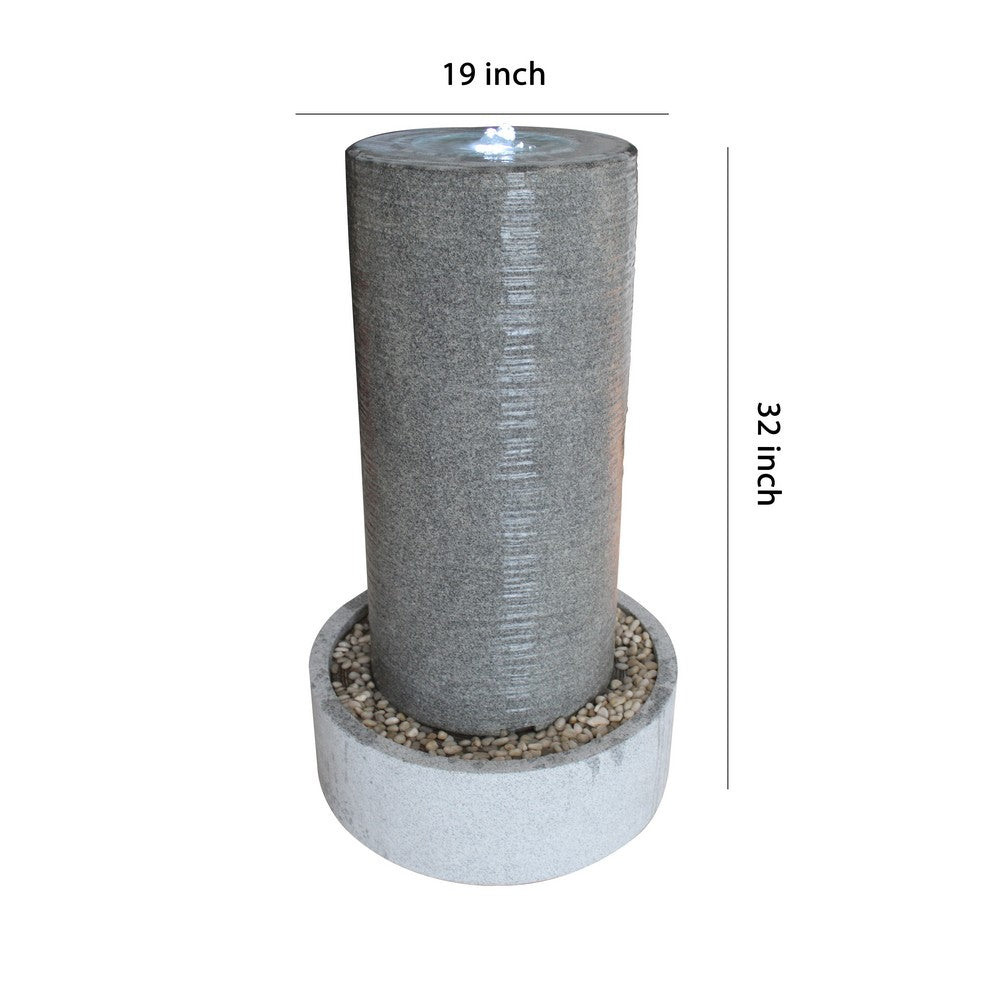 Ribbed Cylindrical Water Fountain with Round Pebble Base, Gray - BM205913