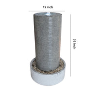 Ribbed Cylindrical Water Fountain with Round Pebble Base, Gray - BM205913