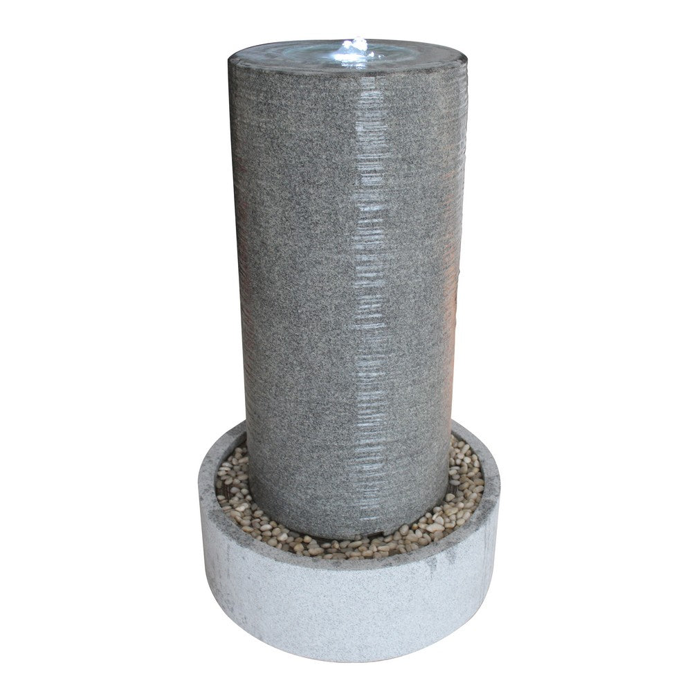Ribbed Cylindrical Water Fountain with Round Pebble Base, Gray - BM205913
