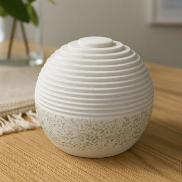 Contemporary Sandstone Polished Ball with Step Carved Lines, White - BM205919