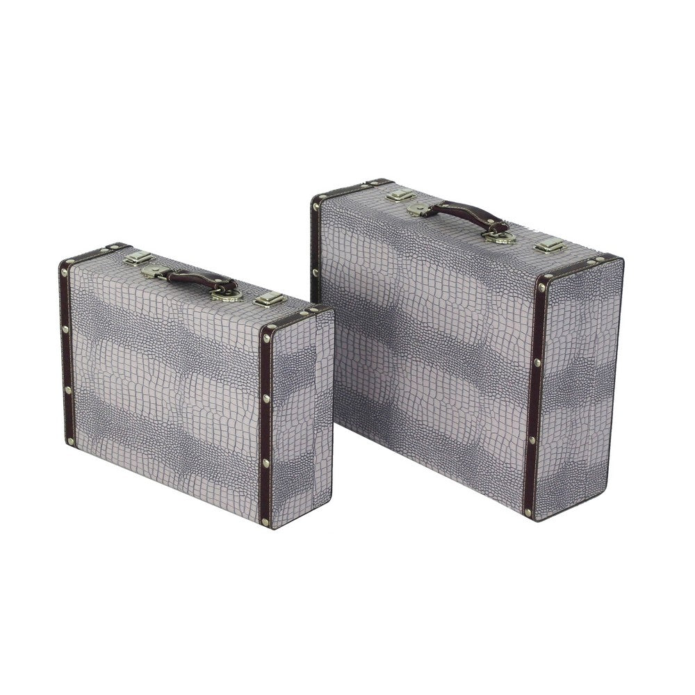 Trunk Style Suitcase with Textured Print Canvas Covering, Gray, Set of 2 - BM205922