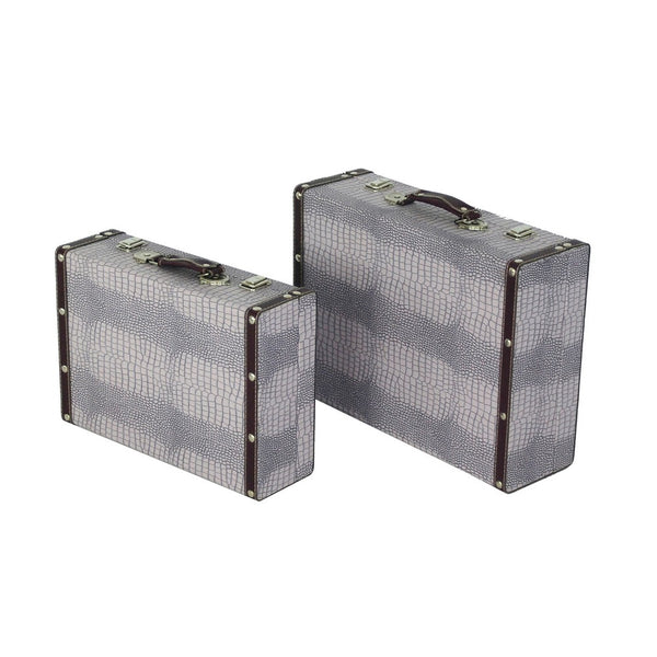 Trunk Style Suitcase with Textured Print Canvas Covering, Gray, Set of 2 - BM205922