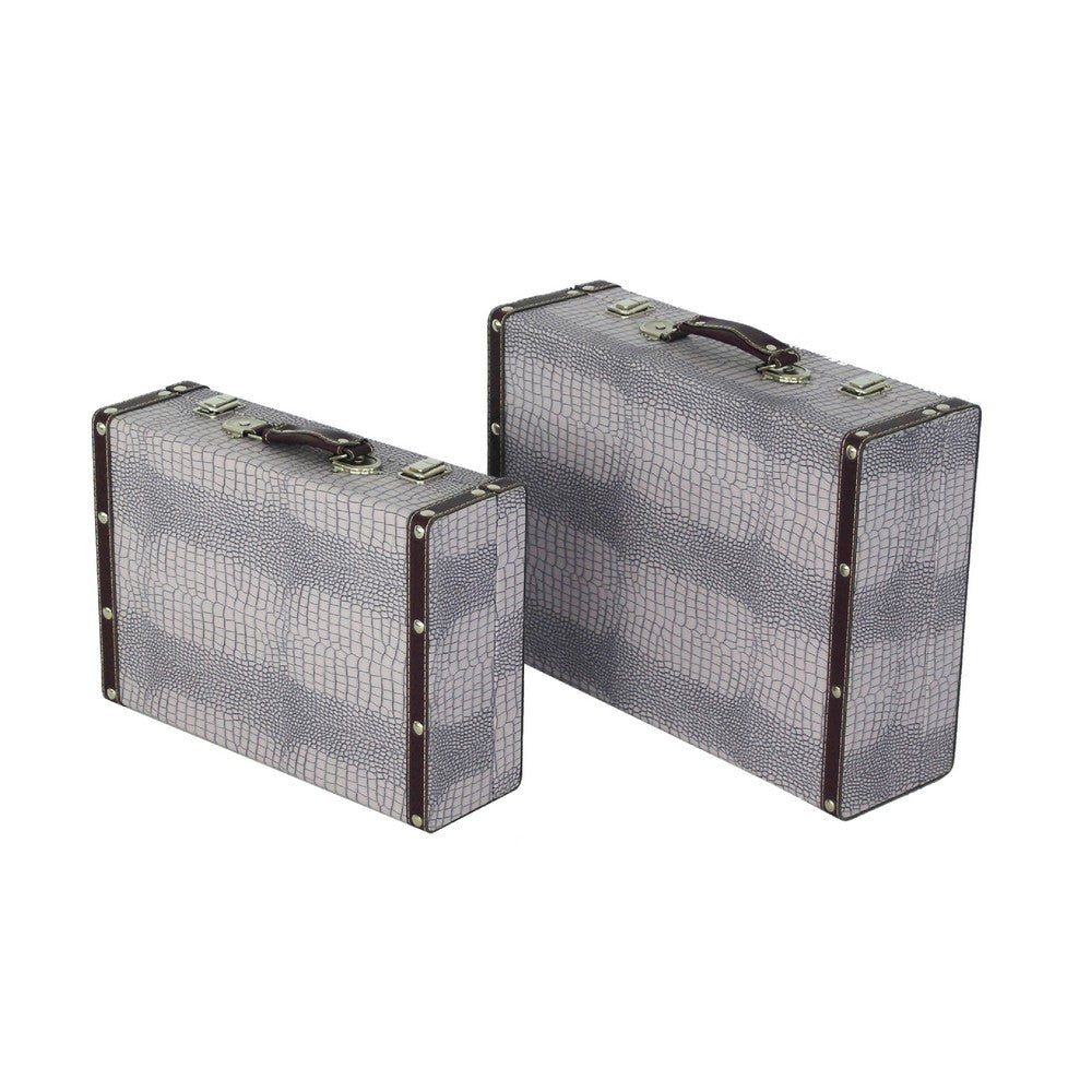 Trunk Style Suitcase with Textured Print Canvas Covering, Gray, Set of 2 - BM205922