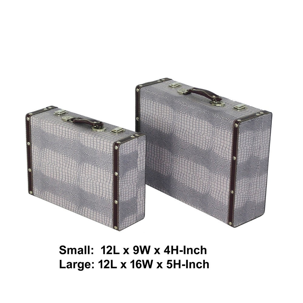 Trunk Style Suitcase with Textured Print Canvas Covering, Gray, Set of 2 - BM205922