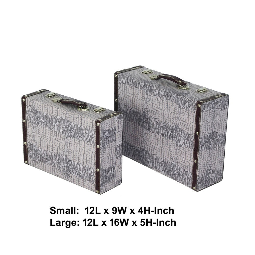 Trunk Style Suitcase with Textured Print Canvas Covering, Gray, Set of 2 - BM205922