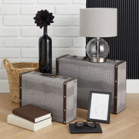 Trunk Style Suitcase with Textured Print Canvas Covering, Gray, Set of 2 - BM205922