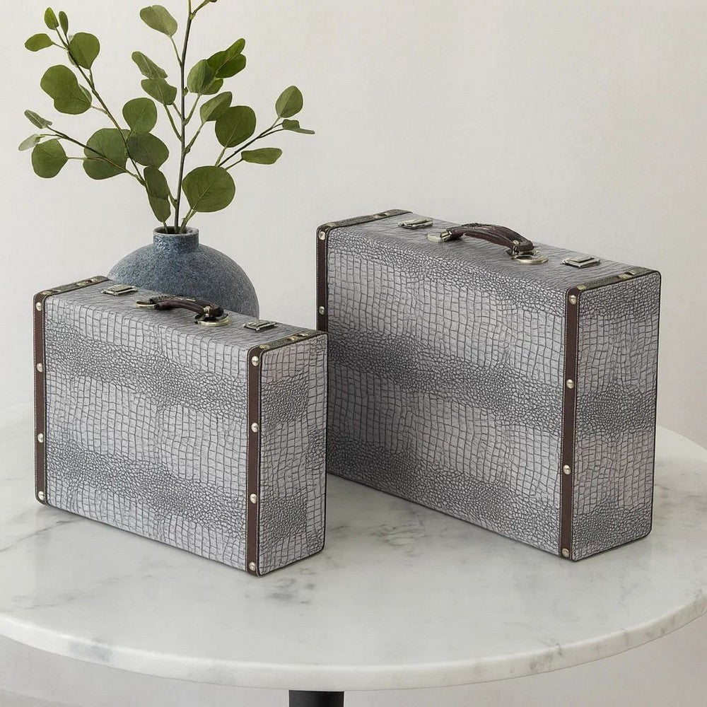 Trunk Style Suitcase with Textured Print Canvas Covering, Gray, Set of 2 - BM205922