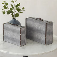 Trunk Style Suitcase with Textured Print Canvas Covering, Gray, Set of 2 - BM205922