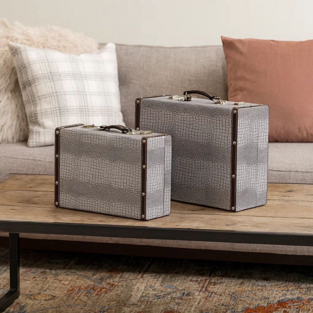 Trunk Style Suitcase with Textured Print Canvas Covering, Gray, Set of 2 - BM205922