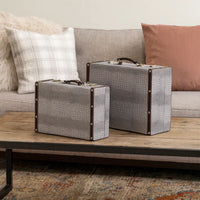 Trunk Style Suitcase with Textured Print Canvas Covering, Gray, Set of 2 - BM205922