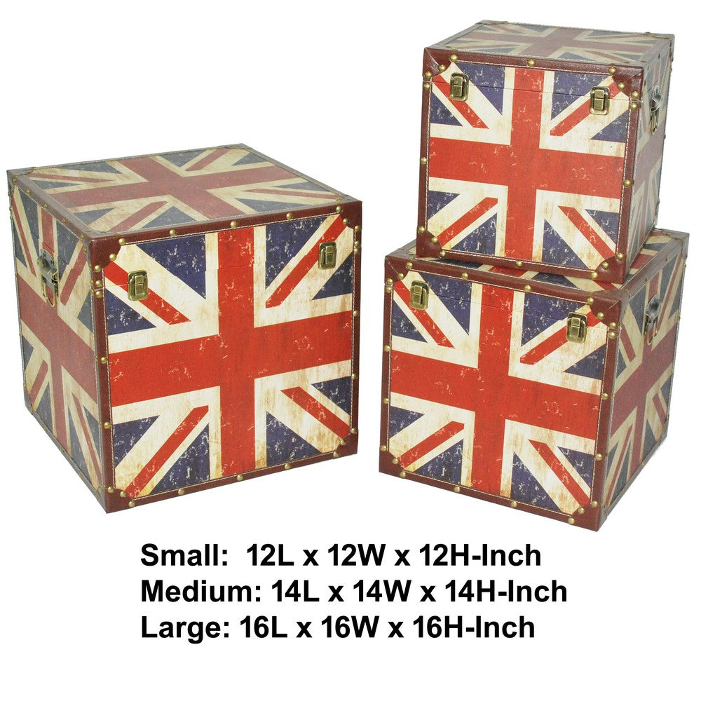 Union Jack Print Canvas Upholstered Storage Trunk, Multicolor, Set of 3 - BM205923