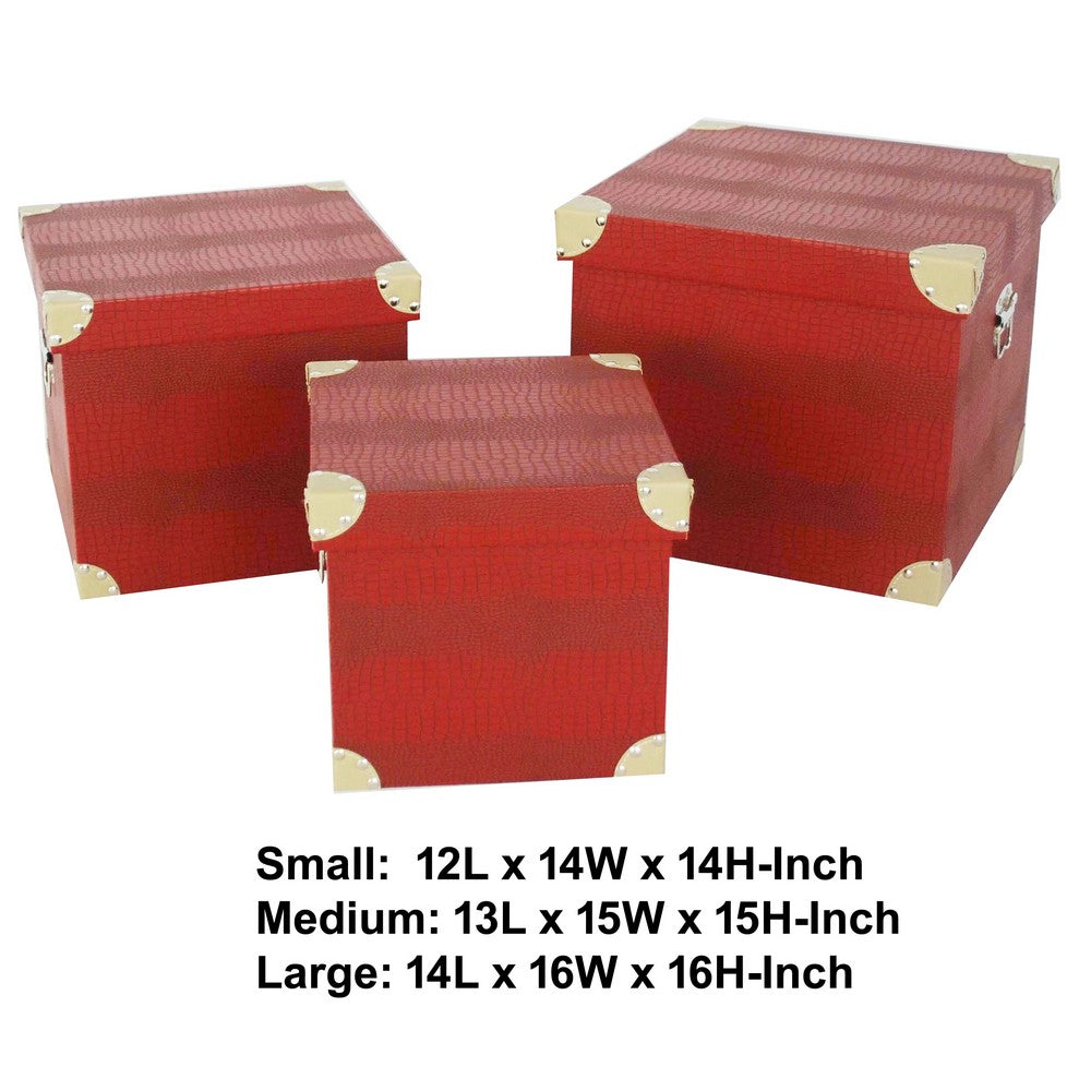 Storage Trunk with Textured Canvas Upholstery, Red and Gold, Set of 3 - BM205925