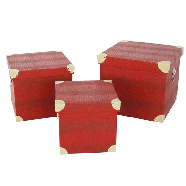 Storage Trunk with Textured Canvas Upholstery, Red and Gold, Set of 3 - BM205925