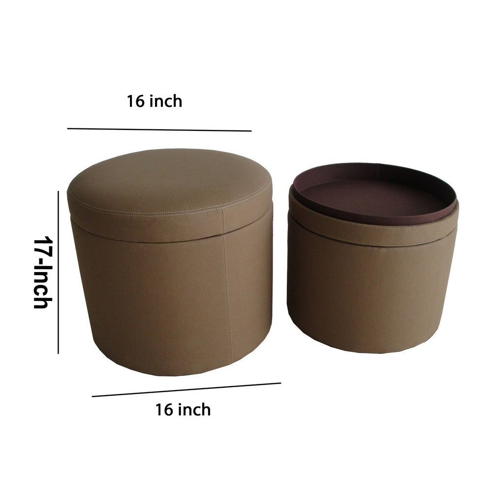Fabric Upholstered Round Ottoman with Double Stitch Details, Brown - BM205927