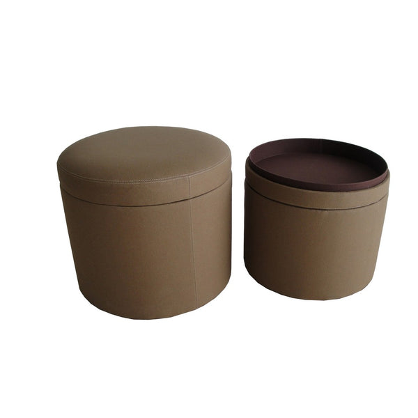 Fabric Upholstered Round Ottoman with Double Stitch Details, Brown - BM205927