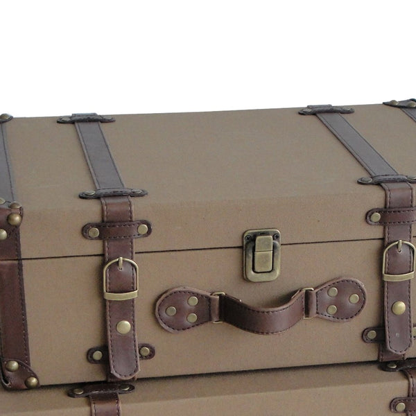 Fabric Upholstered Suitcase with Faux Leather Straps, Brown, Set of 2 - BM205928
