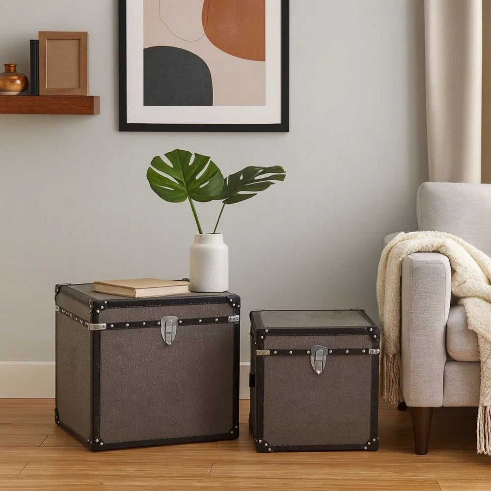 Fabric Upholstered Square Trunk with Nailhead Details, Gray, Set of 2 - BM205932