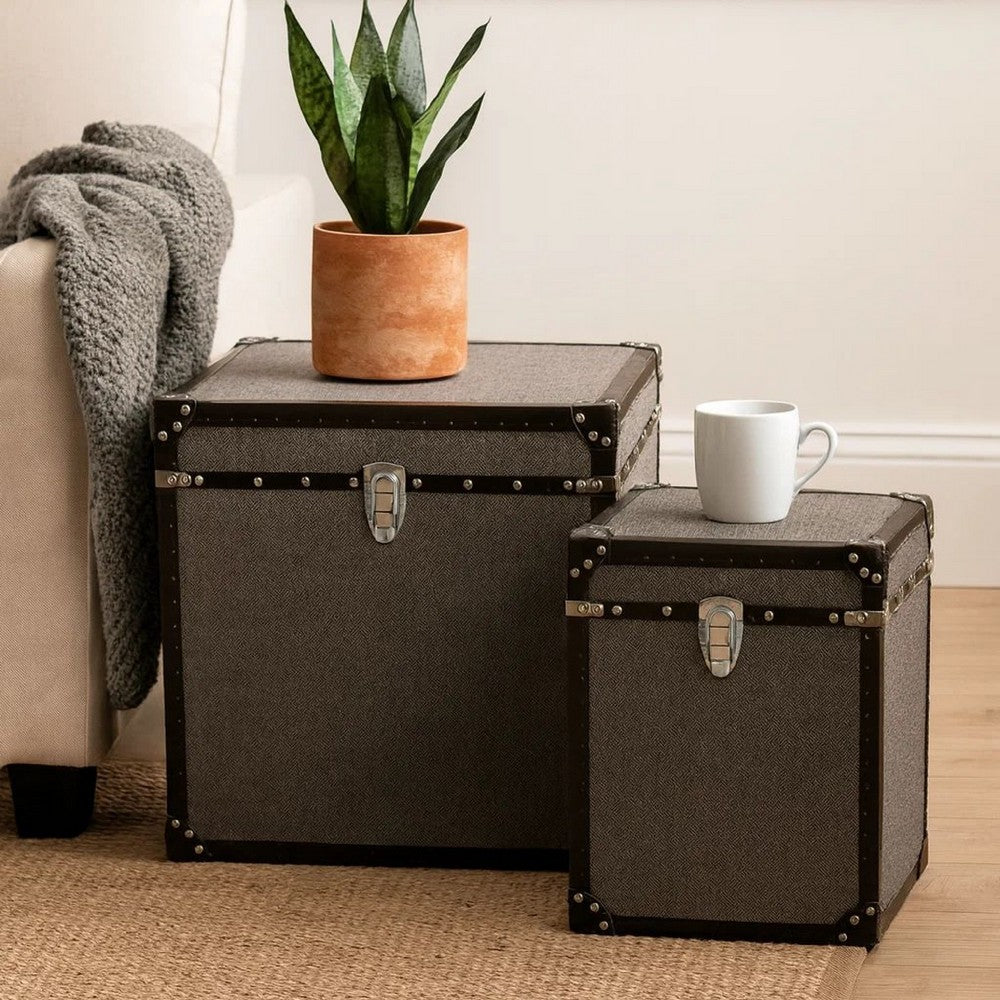 Fabric Upholstered Square Trunk with Nailhead Details, Gray, Set of 2 - BM205932