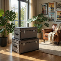 Fabric Upholstered Rectangular Trunk with Nailhead Details, Gray, Set of 2 - BM205933