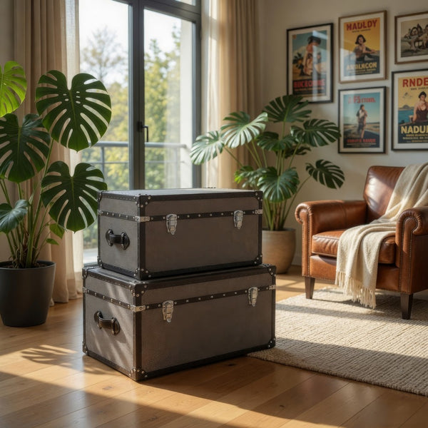 Fabric Upholstered Rectangular Trunk with Nailhead Details, Gray, Set of 2 - BM205933