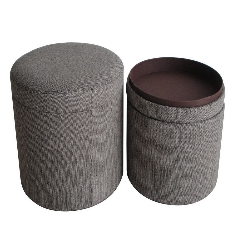 Round Storage Ottoman with Textured Fabric Upholstery, Gray - BM205936