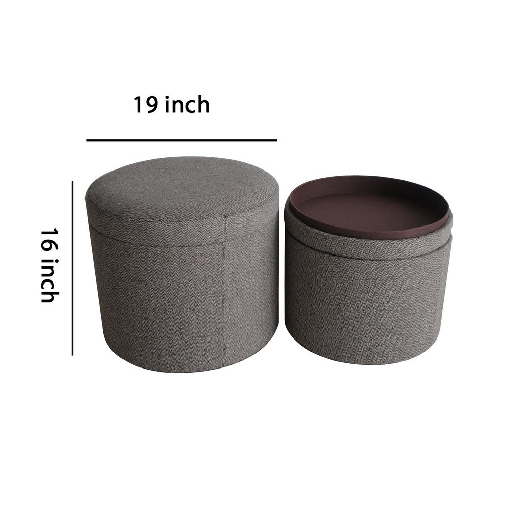 Round Storage Ottoman with Textured Fabric Upholstery, Gray - BM205936