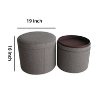 Round Storage Ottoman with Textured Fabric Upholstery, Gray - BM205936