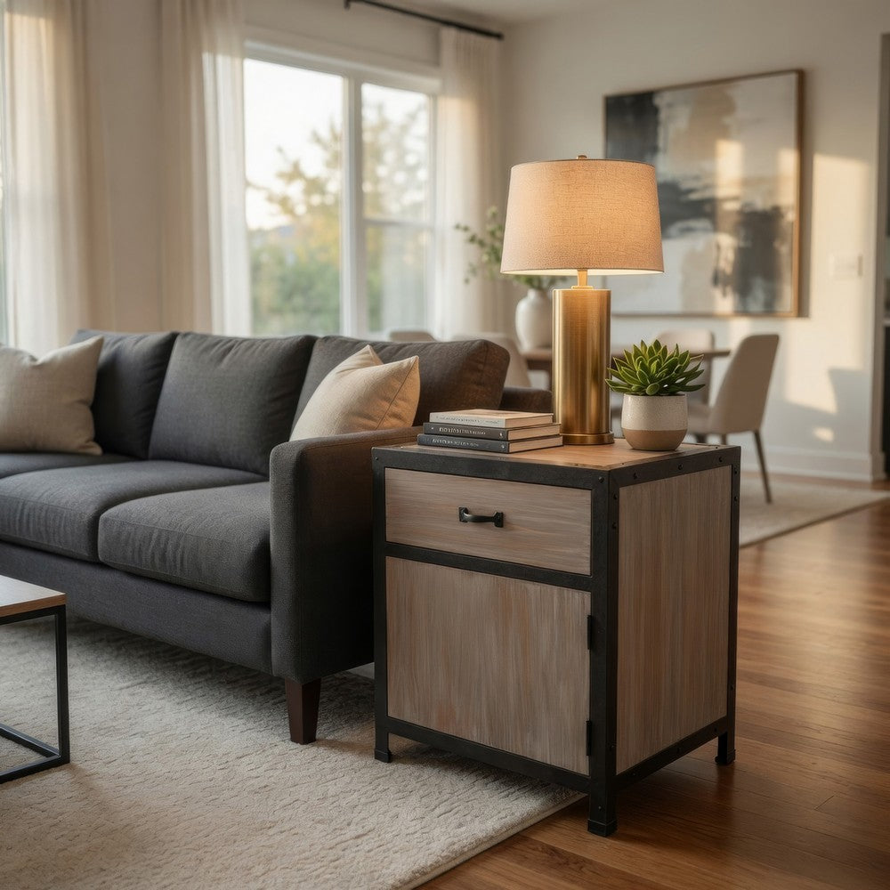 Transitional Wooden End Table with Metal Framing, Black & Brown - BM205937
