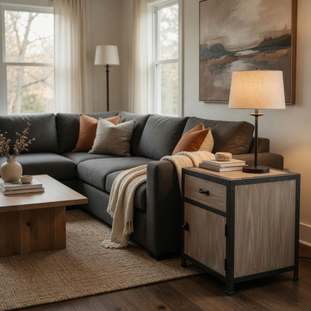 Transitional Wooden End Table with Metal Framing, Black & Brown - BM205937