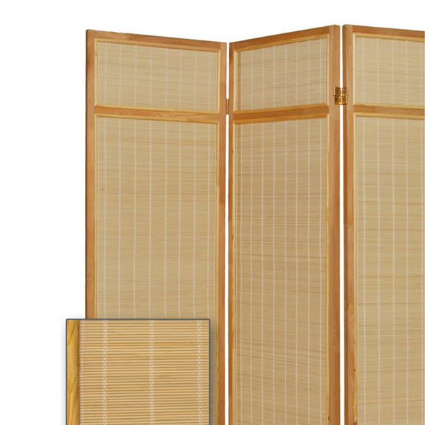 Wooden Frame 3 panel Foldable Screen with Bamboo Straw Details, Brown - BM205939