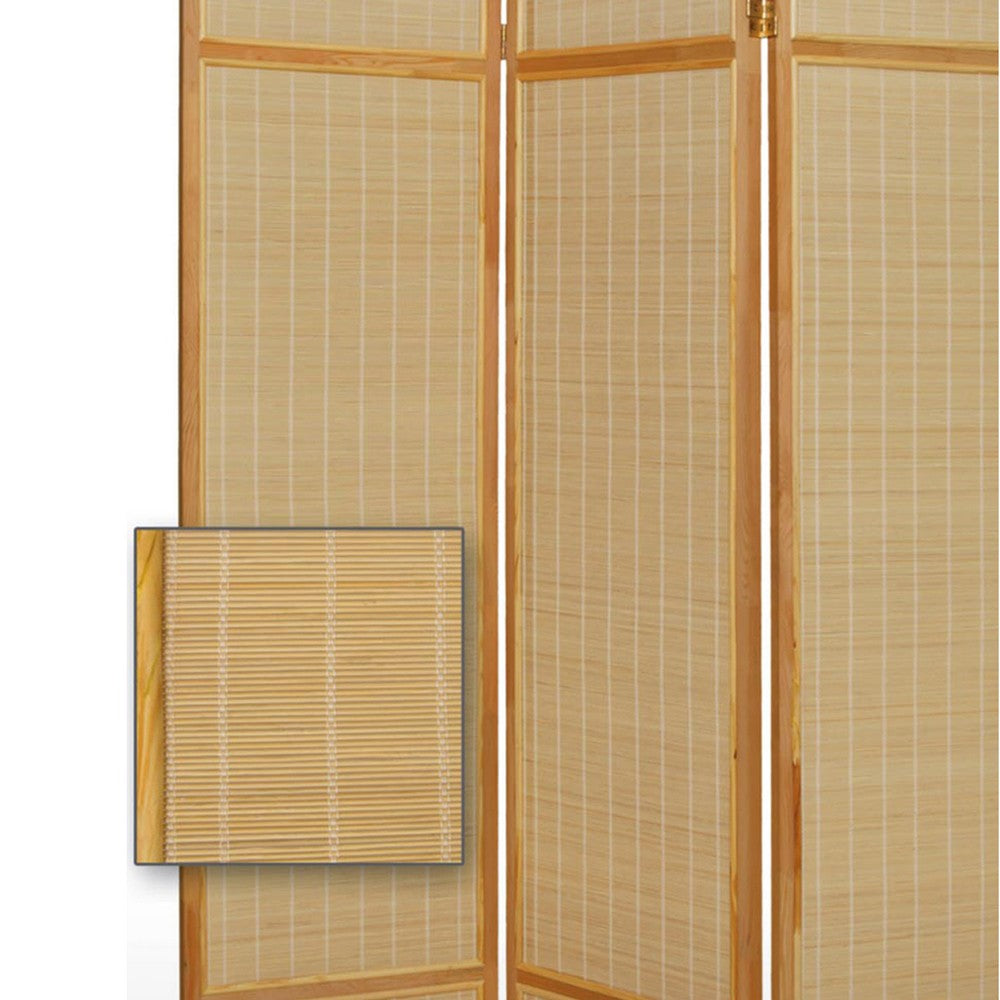 Wooden Frame 3 panel Foldable Screen with Bamboo Straw Details, Brown - BM205939