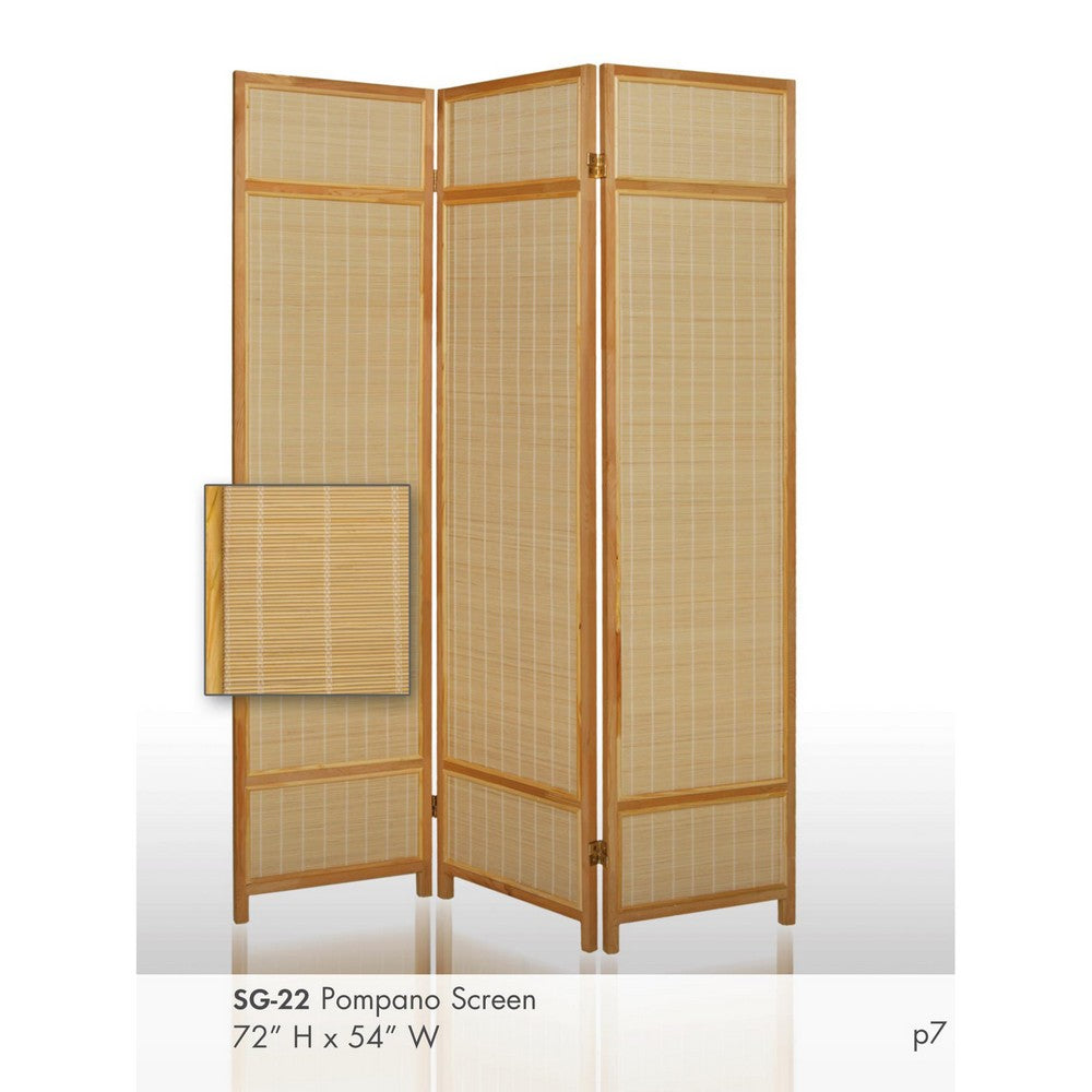 Wooden Frame 3 panel Foldable Screen with Bamboo Straw Details, Brown - BM205939