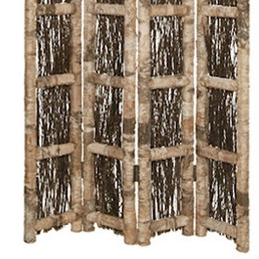 Wooden Foldable Screen with Twig Design 4 Ladder Style Panels, Brown - BM205946