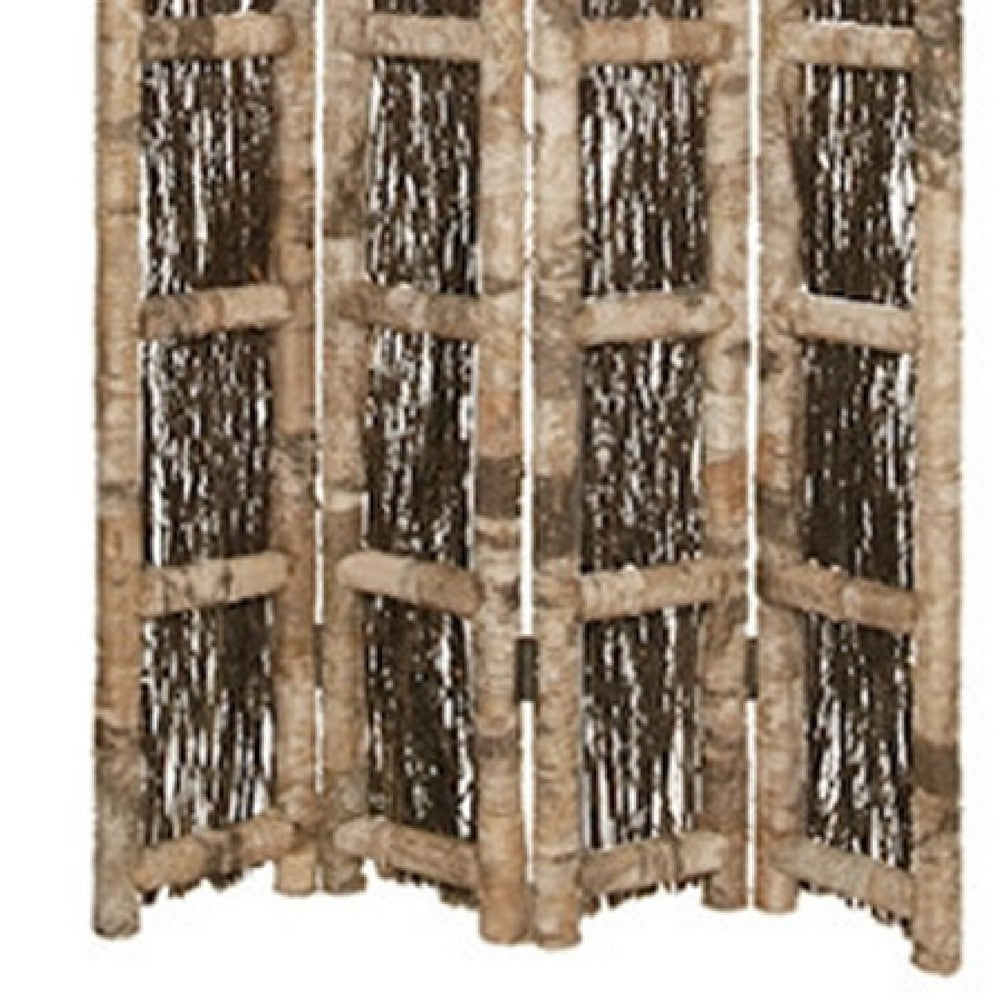 Wooden Foldable Screen with Twig Design 4 Ladder Style Panels, Brown - BM205946