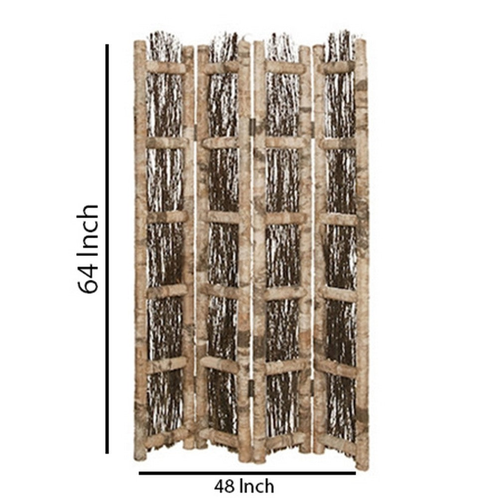 Wooden Foldable Screen with Twig Design 4 Ladder Style Panels, Brown - BM205946
