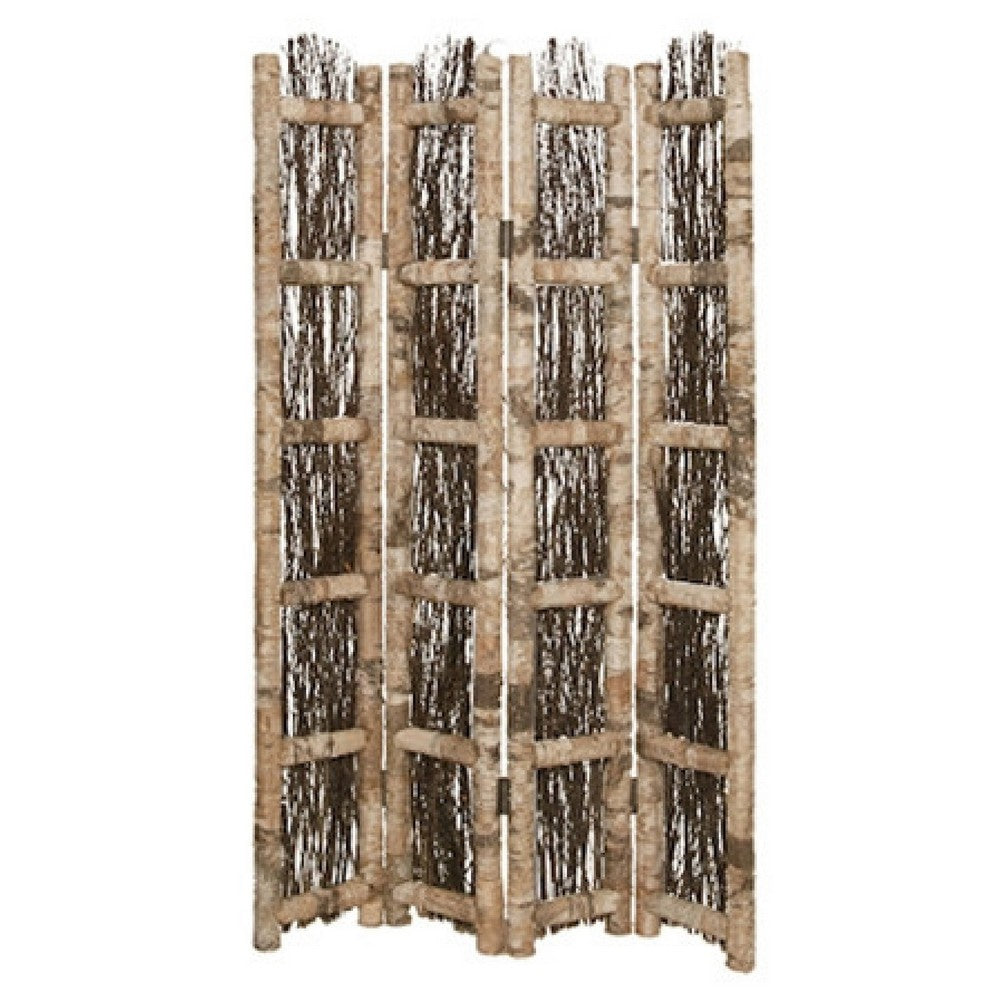 Wooden Foldable Screen with Twig Design 4 Ladder Style Panels, Brown - BM205946