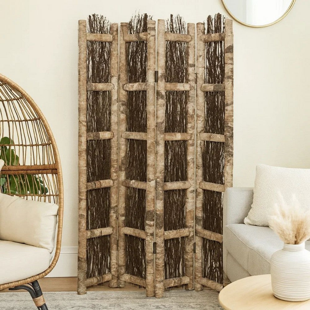 Wooden Foldable Screen with Twig Design 4 Ladder Style Panels, Brown - BM205946