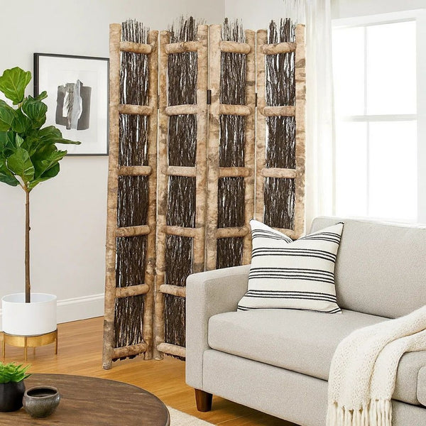 Wooden Foldable Screen with Twig Design 4 Ladder Style Panels, Brown - BM205946