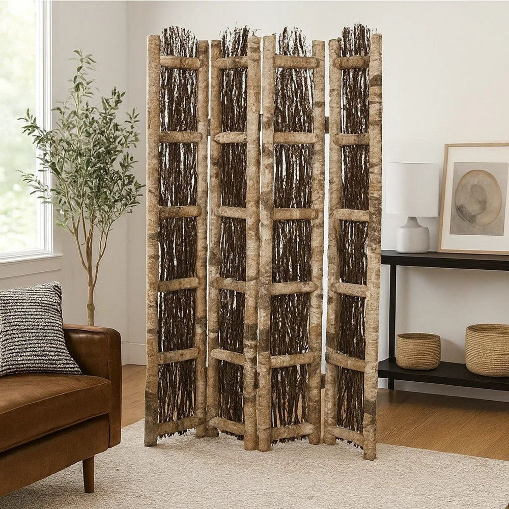 Wooden Foldable Screen with Twig Design 4 Ladder Style Panels, Brown - BM205946