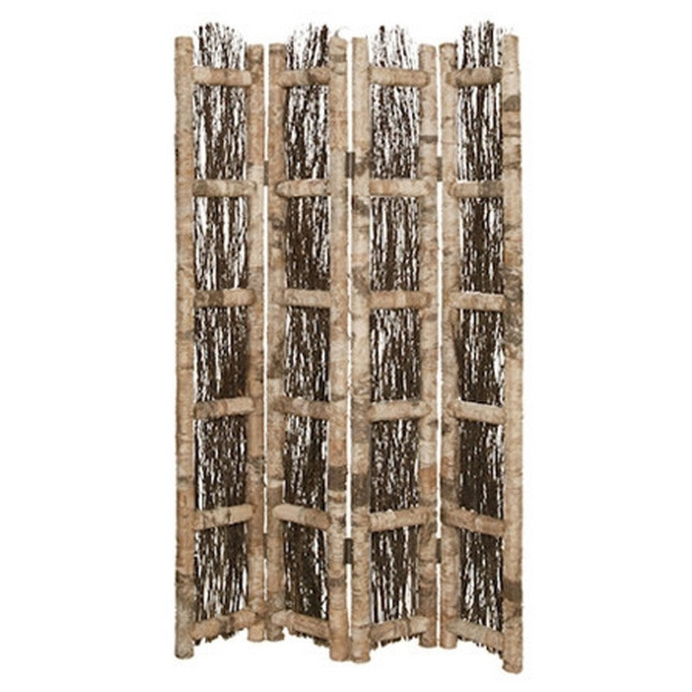 Wooden Foldable Screen with Twig Design 4 Ladder Style Panels, Brown - BM205946