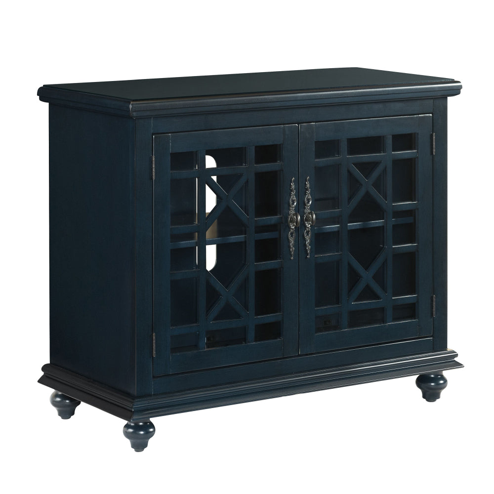 Transitional Wood and Glass TV Stand with Trellis Cabinet Front, Dark Blue - BM205972