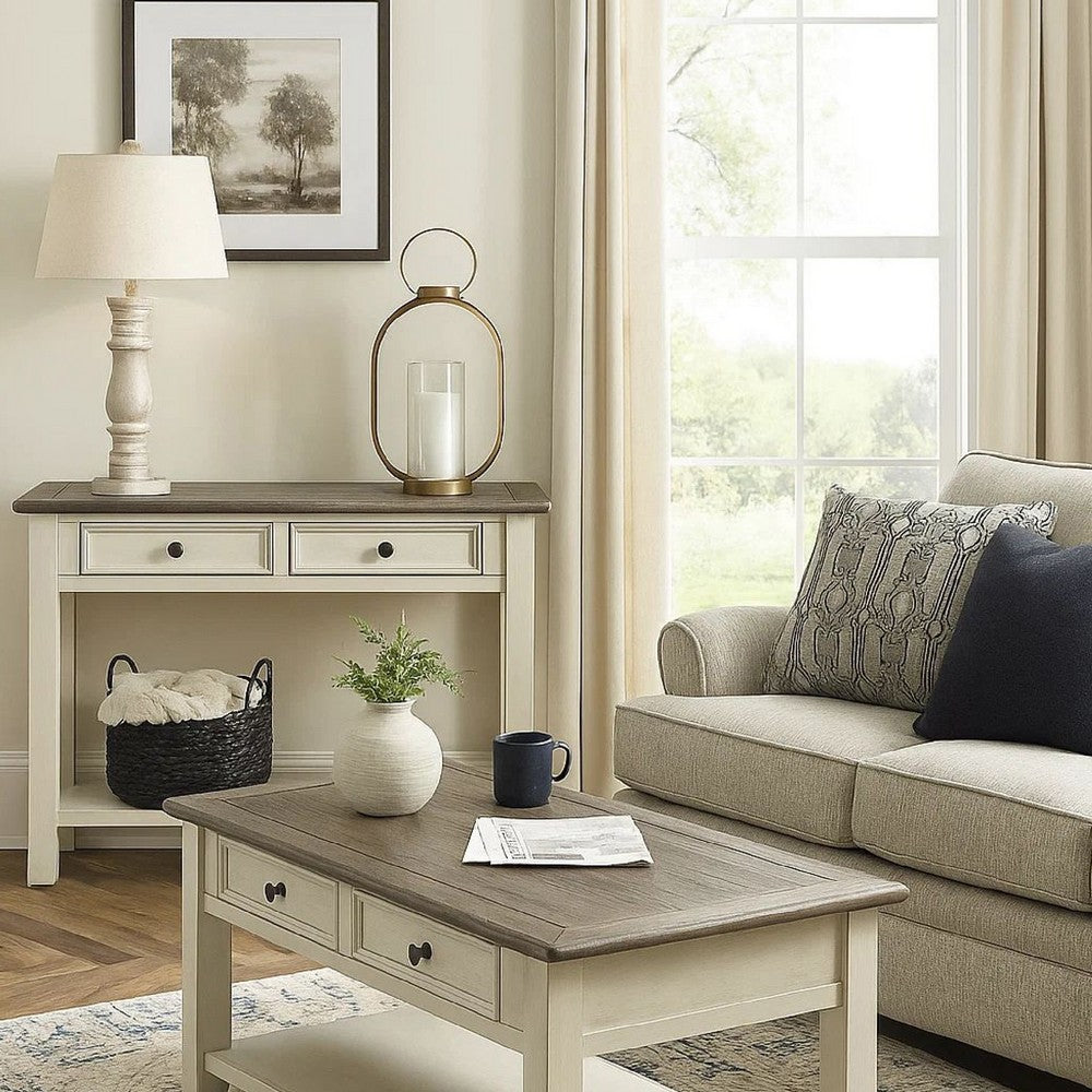 Sofa Table With Plank Style Top and 2 Gliding Drawers, Brown and White - BM206150