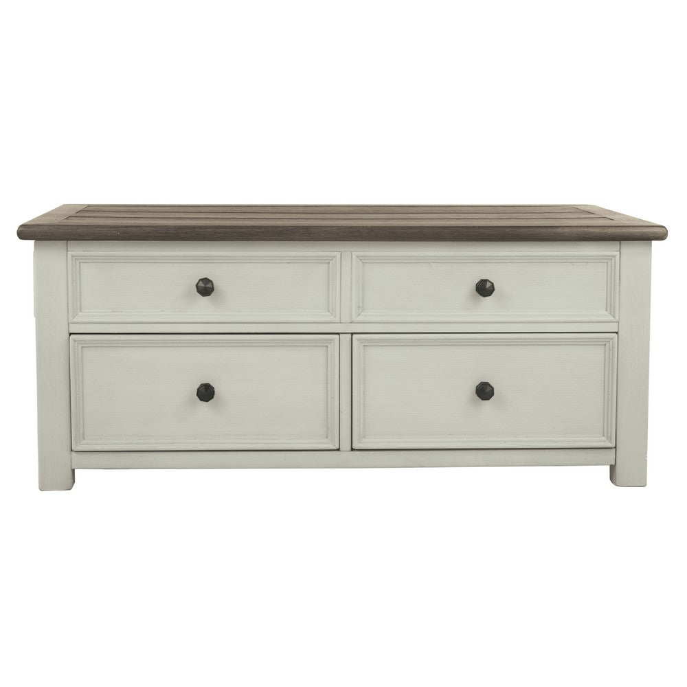 Cocktail Table With Spring Lift Top and Multiple Drawers, Brown and White - BM206155
