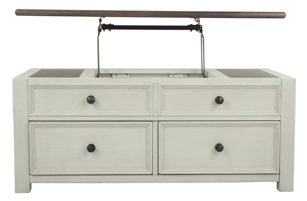 Cocktail Table With Spring Lift Top and Multiple Drawers, Brown and White - BM206155